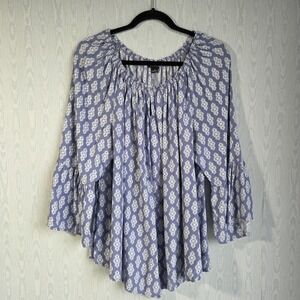 New Directions Womens 1X Peasant Top‎ Ruffle Sleeve Cottagecore Blue Rayon Boho